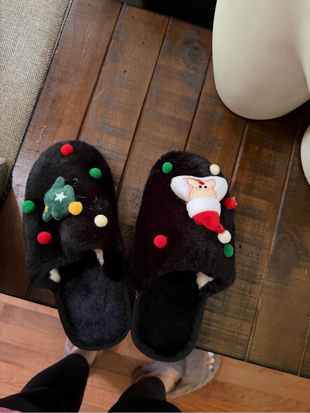 Cozy Black Holiday Plush Slippers with Santa and Tree Accents